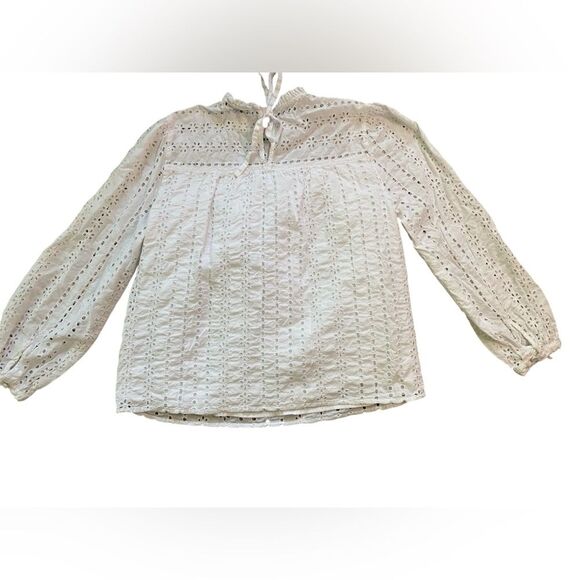 J. Crew White Eyelet Cotton Long Sleeve Tie Back Blouse - Picture 4 of 12